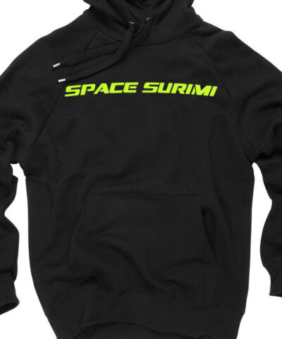 Space-Surimi-Sudadera-Negra-Logo-Verde-Flourescente-capucha-detalle